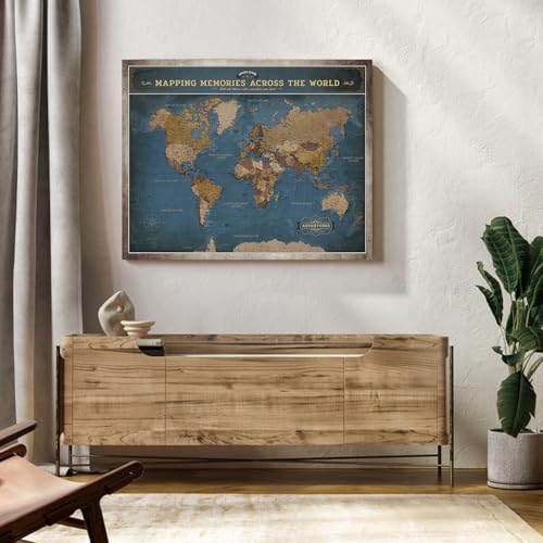 Image of DECORARTS - World Travel Map with Pins, Pin Board Canvas Wall Art, Modern Navy Blue Maps for Wall Decor, Giclee Print on Canvas, Handcrafted in USA, 30x24''