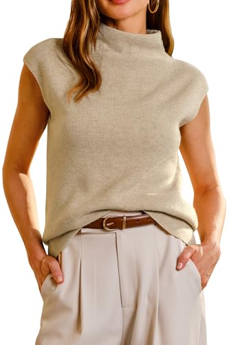 Arach&Cloz Womens Cashmere 2025 Early Fall Fashion Mock Turtleneck Cap Sleeve Sweater Vest Dressy Shirts Business Casual Pullover Tank Tops Trendy Old Money Work Clothes Teacher Outfits Khaki L