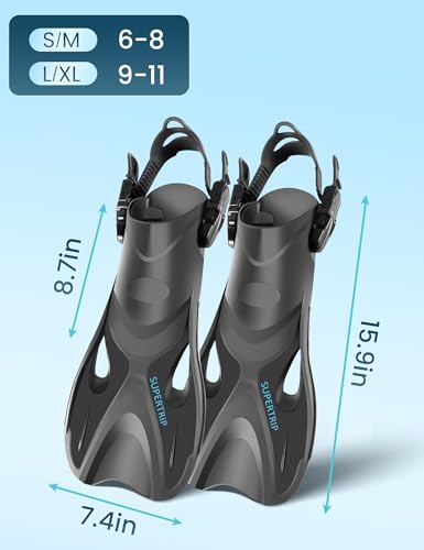 Supertrip Snorkel Fins Flipper Diving Fins Adjustable Buckles Open Heel Swim fins Adult Men Womens Youth – Lightweight Travel Fins for Ocean, Beach & Pool