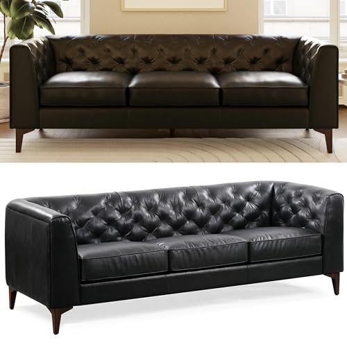 Image of POLY & BARK Essex 89 inch Full-Grain Italian Leather Sofa - Tufted Back, Feather-Down Comfort, Solid Wood Frame, Onyx Black