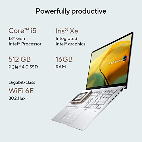 Image of ASUS Zenbook 14 OLED (2023), Intel Core EVO i5-1340P 13th Gen, 14 inch (35.56 cm) 2.8K 90Hz OLED, Thin & Light Laptop (16GB /512GB SSD /Iris Xe /Win 11 /Office 2021 /75WHr /Silver /1.39 kg), UX3402VA-KM542WS