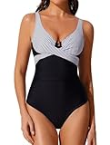 RXRXCOCO Women One Piece Swimsuits Tummy Control Ruched V Neck Cutout Slimming Bathing Suits Full Coverage Underwire Swimwear Stripe M
