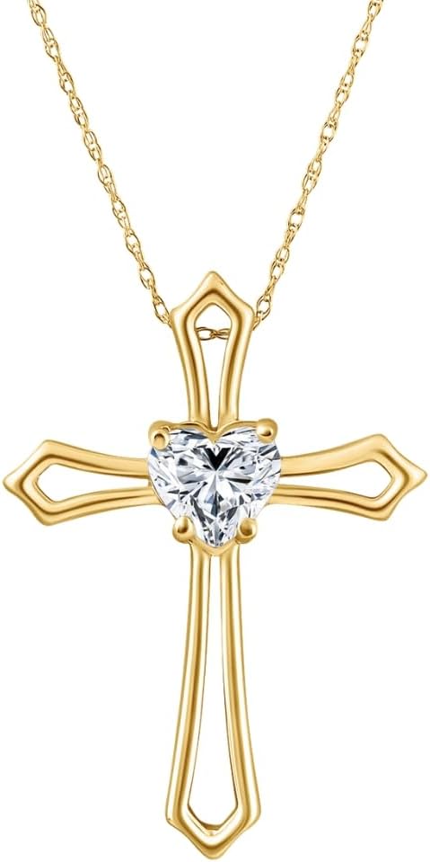 Pompeii 1Ct Cross Solitaire Heart Shape Diamond Necklace Gold Womens Necklace 1" Tall