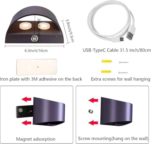 Image of Wall Sconces, Led Lights Battery Operated Wall Lights with USB Charging, Dimmable ON /Off Switch Touch Control for Bedroom, Hallway (Black, RGB)