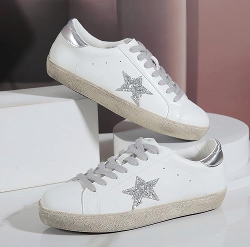 Sneakers for Women - Fashion Bling Star Sequins Sneaker - Cushioned Low Top Platform, Rubber Sole Leather Upper Lace Up Walking Shoes - Casual Comfortable Running Sports Shoes3