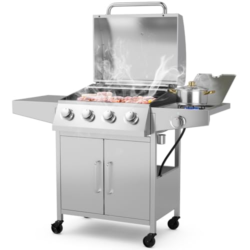 Giantex - Giantex 4-Burner Propane Gas Grill with Side Burner, Stainless Steel Outdoor BBQ Grill, 50,000 BTU, 460 sq.in Cooking Area, 2 Prep Tables, Thermometer, Storage Cabinet & Wheels