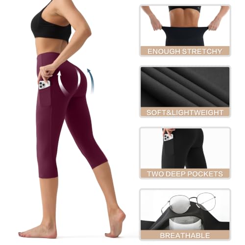 Image of YUDSUD High Waisted Leggings for Women with Pockets - Tummy Control Capris Yoga Pants for Workout Running Athletic Cycling