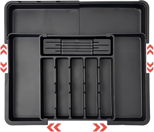 ZHUIYIWIN Organizador de Cubiertos, Caja Organizadora para con 2 bloques de cuchillos extraíbles, Cubertos para Cajon Cocina Extensible, Organizador Cubiertos Para Cajon Con 9 Compartimentos, Negro