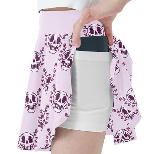 Girls Tennis Skirt Gothic Skeleton Rose with Shorts and Pockets for Golf Running School Athletic Skorts M2