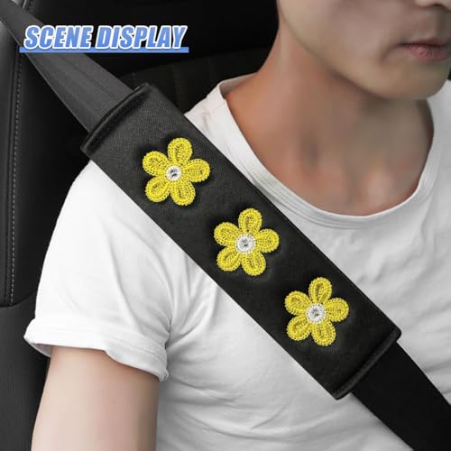 Image of 2PCS Daisy Flower Car Seat Belt Cover Pads, Protect Neck, Yellow | Soft Breathable Auto Seat Shoulder Strap Pad, Comfortable Seatbelt Cushion, Vehicle Interior Decoration for Cars, Trucks