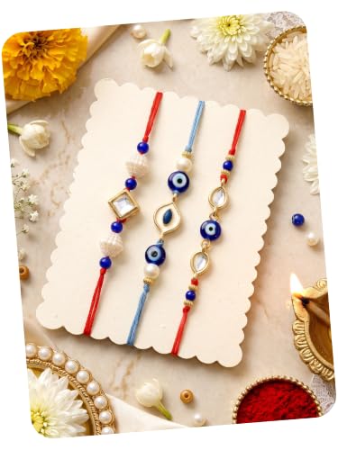 Image of Karatcart Rakhi for Brother Gold-Plated Kundan Rakhi Set of 3 with Roli Chawal