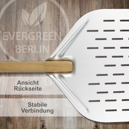 EVERGREEN BERLIN - Pizzaschieber - DAS ORIGINAL - Pizzaschieber perforiert - Pizzaheber aus Alu und Buchenholz - Pizzaschaufel perforiert für Pizza Passion - Pizzawender - Pizza Schieber - Pizza Peel 6