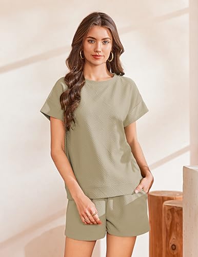 Ekouaer Lounge Sets for Women Textured 2 Piece Shorts Set Cozy Summer Outfits Casual Loungewear Short Sleeve Sweatsuits4
