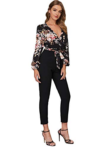 Sweatyrocks Women's Wrap Deep V Neck Tie High Waist Long Pants Romper Jumpsuit Black L #TOP2