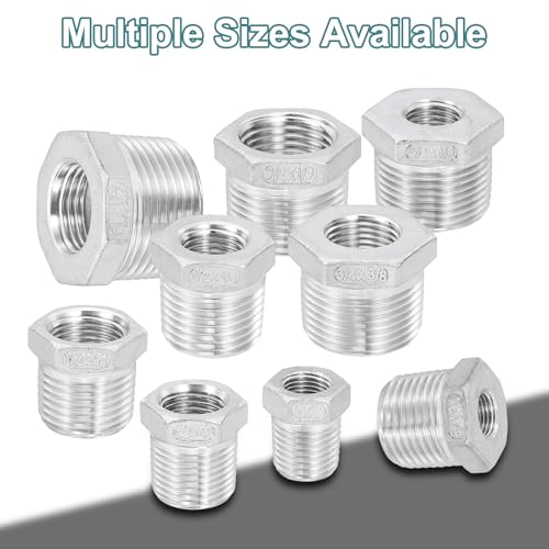 Image of uxcell 2Pcs 1-1 /2 inch Male NPT to 1 /2 inch Female NPT 304 Stainless Steel Reducer Hex Bushing, Reducing Cast Pipe Adapter Fitting for industrial, oil /gas, water, HVAC, and plumbing systems