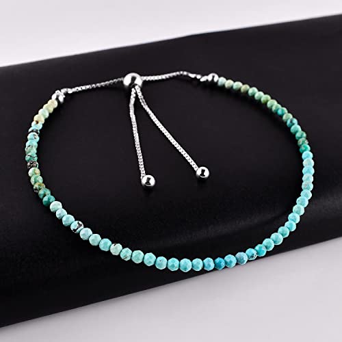 Odrilliongems Genuine Turquoise Gemstones Bolo Bracelet, Micro-Faceted Beads, Good Fortune Crystals, 925 Sterling Silver, Handmade, Birthstones, Adjustable Chain, Women Jewelry, Christmas Gifts, 10" #TOP1