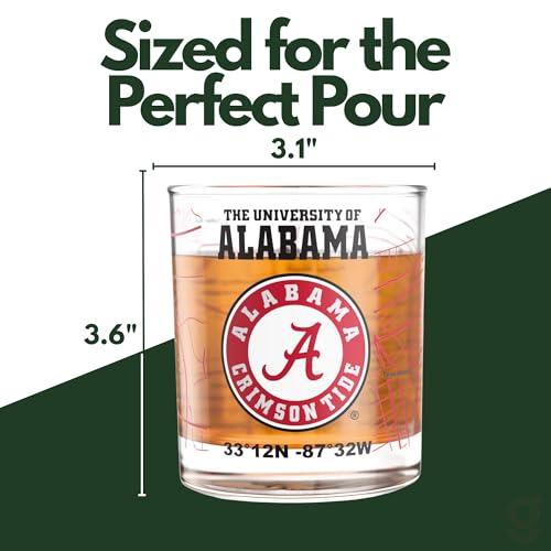 Image of Greenline Goods University of Alabama Crimson Tide Whiskey Glasses Set of 2, 10 oz Rocks Glasses with Full-Color Logo & Campus Map - Officially Licensed Bourbon Glass Gift for Alumni & Fans