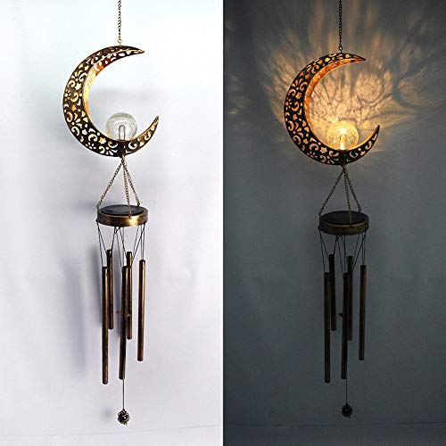 Ulalaza Solar Wind Chime Outdoor LED Ferro battuto Hollow Sun Moon Lampada a Sospensione Mobile Arredamento Romantico per Patio Giardino Cortile Decorazione Domestica