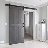 COSHOMER 36in x 84in MDF Sliding Barn Door with 6.6ft Barn Door Hardware Kit & Handle, Pre-Drilled Holes Easy Assembly -Solid Wood Slab Inside Covered with Water-Proof PVC Surface, Grey, H-Frame