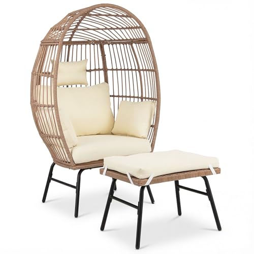 COSTWAY Korbsessel Rattan mit Hocker, Gartensessel mit Kissen und...