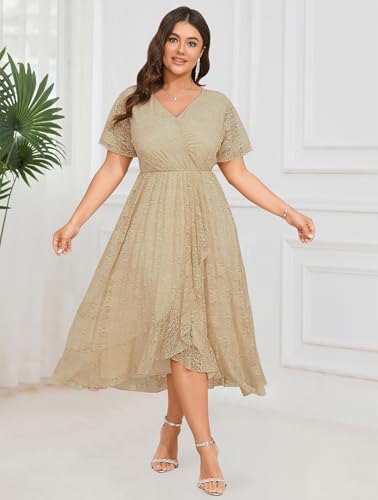 Image of SCOMCHIC Womens Plus Size Wedding Guest Dress Formal Lace Wrap V Neck High Low Short Sleeve Cocktail Maxi Dresses XL-4XL