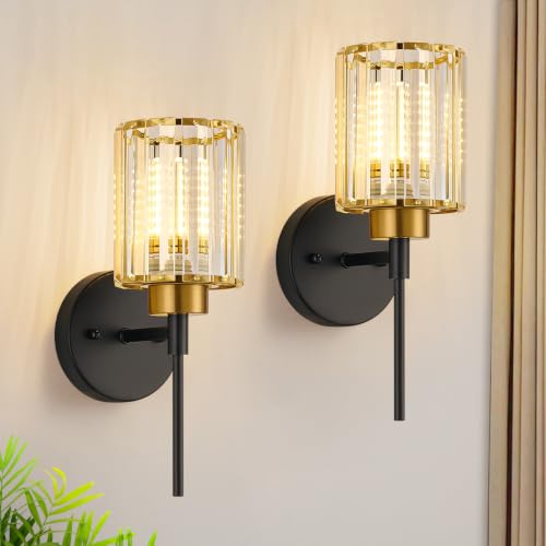 Image of Bathroom Wall Sconces Set of 2, Black & Gold Wall Lights with Clear K9 Crystal Shades, Bathroom Light Fixtures for Bedroom, Living Room, Hallway