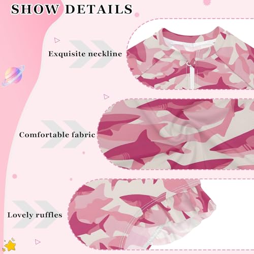 Pink Shark Pattern Girls One Piece Rash Guard Swimsuit, Girls Long Sleeve Swimwear for 3-12Y4