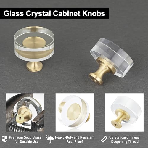 Image of QOGRISUN 15-Pack Crystal Cabinet Knobs, Gold Drawer Knobs, Round 1-1 /4 in | Solid Brass, Crystal Glass, Gold Drawer Knobs, Gold Dresser Knobs, Crystal Cabinet Knobs, Kitchen Cabinet, Round