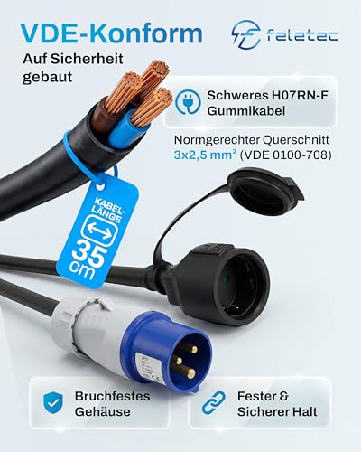 feletec CEE Adapter CEE Stecker auf Schuko Kupplung, 35cm Camping Strom-Kabel, IP44 Camping Verlängerungskabel, H07RN-F 3G2… – Ansicht 3