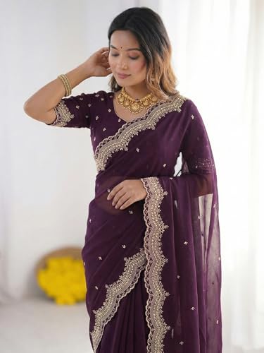 Image of SIRIL Women's Shimmer Georgette Scalloped Border Sequins Embroidery Saree with Unstitched Blouse Piece
