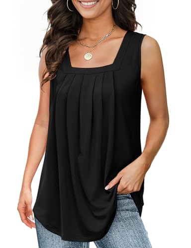 Tank Tops for Women Summer, Pleated Loose Fit Square Neck Sleeveless Tops Flowy Going Out Tops Basic Shirts