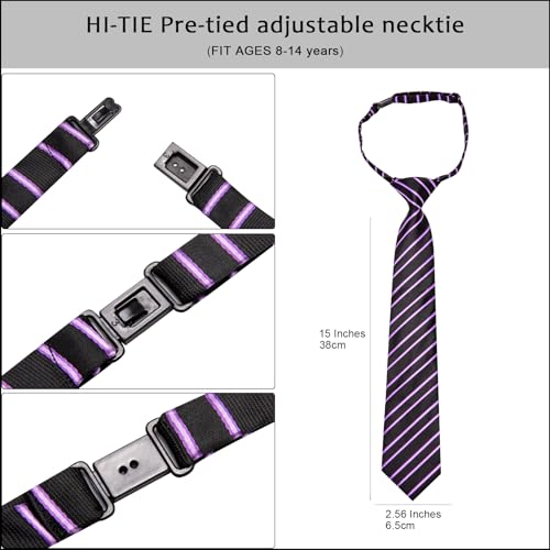 Image of Hi-Tie Boys Tie Pre-Tied Pocket Square Set Adjustable Kids Neckties Age 7-11 Years School UniForm Graduation