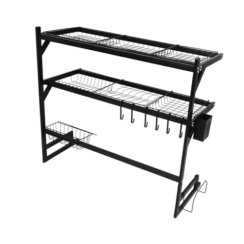 Image of Epicasa Premium Over Sink Dish Drying Rack, 2 Tier Stainless Steel Dish Organizer with Cutlery Basket & Hooks, Multi Storage & Space Saving Kitchen Organizer, 65 cm | Black