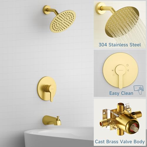 Set de ducha y grifo para bañera en color Oro Cepillado con válvula balanceadora de alta presión, cabezal de ducha de 8 pulgadas y manija única para bañera y ducha miniatura 5