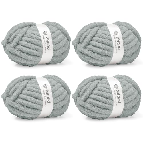 Image of Inhand Chunky Chenille Yarn for Hand Knitting,Thick Bulky Blanket Yarn for Crocheting,Soft Fluffy Yarn for Crochet Birthday Gifts for Men /Women /Beginners,4 Pack (29.5Yds /8.4oz Each),Frost Gray