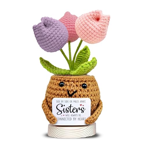 Image of VELENTI Crochet Sunflower Sister Gift - Handmade Flower Pot Plush with inchConnected by Heart inch Message, Long Distance Sister Gift, Cute Sisters Birthday Present, Sentimental Keepsake Decor