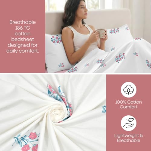 Image of Haus & Kinder Elastic Fitted Double Bed Bedsheet | 100% Combed Cotton 186 TC Bedsheets for Queen Size Bed | 60 X 78 X 10 Inches Elastic Bed Sheet with 2 Pillow Covers - Festive Harmony