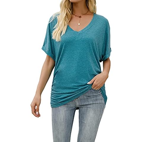 EZBELLE Women's Solid Short Sleeve Shirts V Neck Dolman Shirred Side Tops with Side Drawstring - blue - Small Cover