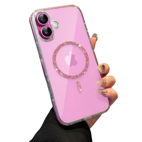 Image of VONZEE Compatible for iPhone 16 6.1'' Back Case Glitter Ring Cute Shiny Colorful Bling Case (Compatible with Magsafe) Transparent PC+TPU Glossy Shiny Cover for Girls Women,Pink