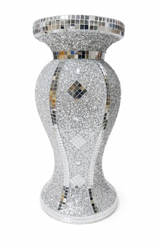 Crushed Diamond Silver Sparkle Flower Vase 30cm – Handmade Bling Mosaic Mirrored Ornament Rhinestone Crystal Pot Glitter Home Decor for Living Room, Dining, Bedroom, Gift Display