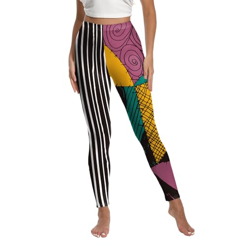 Flaminet Womens Sally Cosplay Halloween Leggings Stretchy Nightmare Patchwork Printed Costume Tights