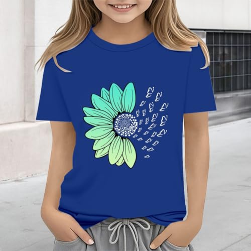 Girls Loose Fit Sunflower Graphic T Shirts Short Sleeve Crewneck Cute Pattern Printed Tops Kids (I-Blue, 4-5 Years)4