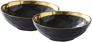 Vintage Keramik Müslischalen für Suppe, Müsli, Reis, Salat, Nudeln, elegantes Design mit Goldrand, Schwarz, 2 Stück (19,8 cm)