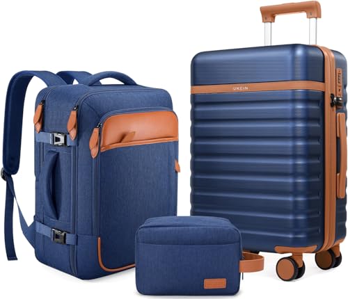 Image of UKEIN Luggage Sets 3 Piece, PC Hardside Large Luggage 24 Inch With Spinner Wheels with TSA Lock, Carry On Suitcase Set With Travel Backpack for Men (Blue, 3 piece set (24inch))