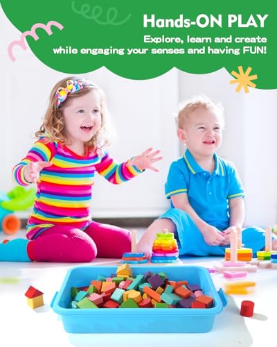 Image of Sensory Bin Sand Tray with Lid for Toddlers 2 Pcs 15in Portable Sandbox Toy Large Plastic Tray for Kids 3 4 5 6 Fill with Sand, Water, Beads, and More (2 Blue)