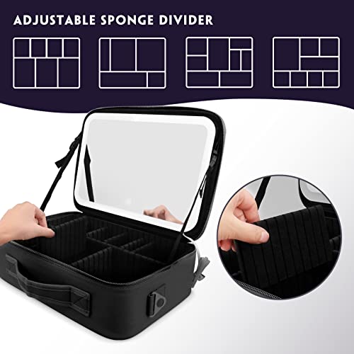 Smacen Large Capacity Cosmetics Train Case With Led Lighted Mirror Rechargeable 3 Color Lights Adjustable Brightness Portable Makeup Bag With Adjustable Dividers And Shoulder Straps (Black) #TOP3