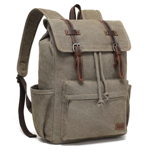 Men's Vintage Leather Canvas Laptop Backpack with Sleeve and Multiple Pockets – Army Green