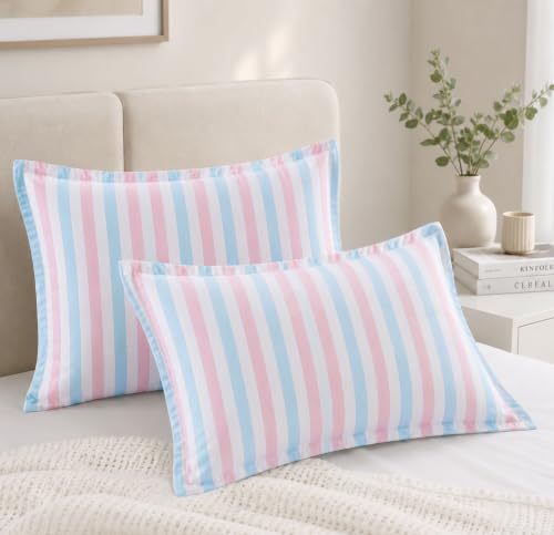 Image of VAS COLLECTIONS Premium 210 TC Cotton Satin Stripe Pillow Cover Set of 2 (18x28 Inches) | Hotel Quality Soft Breathable Pillow Cases | Pillow Covers for Home Hotel Hospital Use, Pink & Blue