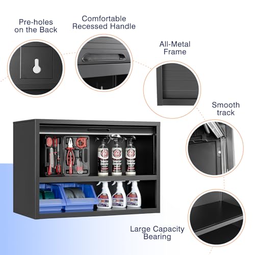 Image of Yizosh Metal Garage Wall Cabinet with Shelves and Recessed Handle,Wall Mounted Metal Storage Cabinet,Floating Tool Cabinet for Warehouse,Garage,Kitchen,Basement