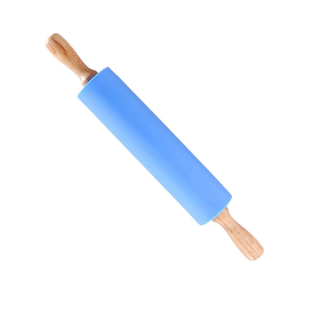 Honglida 12 inch Silicone Rolling Pin Flour Stick Non-Stick Surface Wooden Handle (1, Blue)